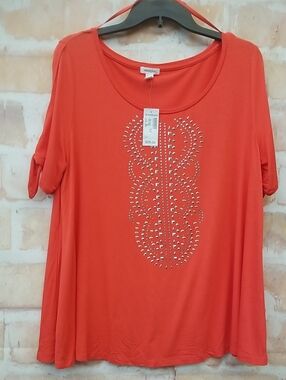 NWT Westport Women's Coral Orange Scoop Neck Short Sleeve Top with Stud Detail